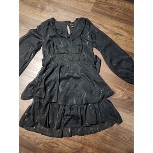 Japna Black Mini‎ Dress Womens Large Surplice V Neck Long Sleeve Ruffle Chiffon